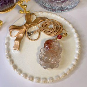 Natural Red Hair Quartz Pendant, Hand Carved Nine Tailed Fox Spirit Pendant